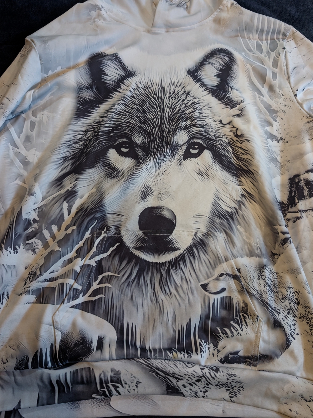 Wolf Print Hoodie Sweatshirt - White/Gray